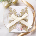 50Pcs Laser Cut Wedding Invitation With Glitter Envelopes And Ribbons Blank Personalized Card Invitaciones Para quinceañera Birthday Baby Shower Christmas Party Bridal Shower (Gold)