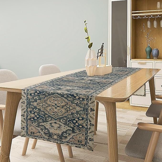 Vintage Boho Floral Table Runner, Rustic Country Farmhouse Blue Grey Retro Flower Pattern for Home Kitchen Table Decor Dining Coffee Room Party Decor 13x36in