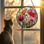 Stained Glass Suncatcher, Red Orange Poppy Flowers Sun Catcher Silver Background Wildflowers Window Hanging Decor Christmas Mother Birthday Gifts for Women Men Mom Nana 7.8 in