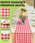 Pureegg Gingham Plastic Table Runners - 10 Pack, 14'' x 108'', Water Resistant & Disposable Plaid Centerpiece Decorations for Table Cloth, Birthday, Holiday, Party, Red and White Checkered Home Decor