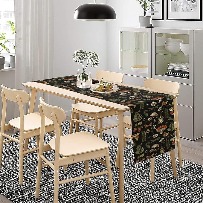 Mushroom Table Runner,Retro Forest Plant Table Runner for Kitchen Dining Table Home Party Decoration 13x90 Inch