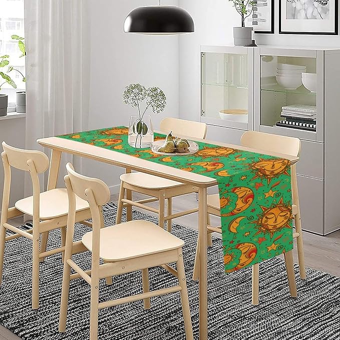 Boho Moon Table Runner, Phase of The Moon Star Sun Cartoon Pattern Table Runner for Kitchen Living Room Home Party 13x70 Inch