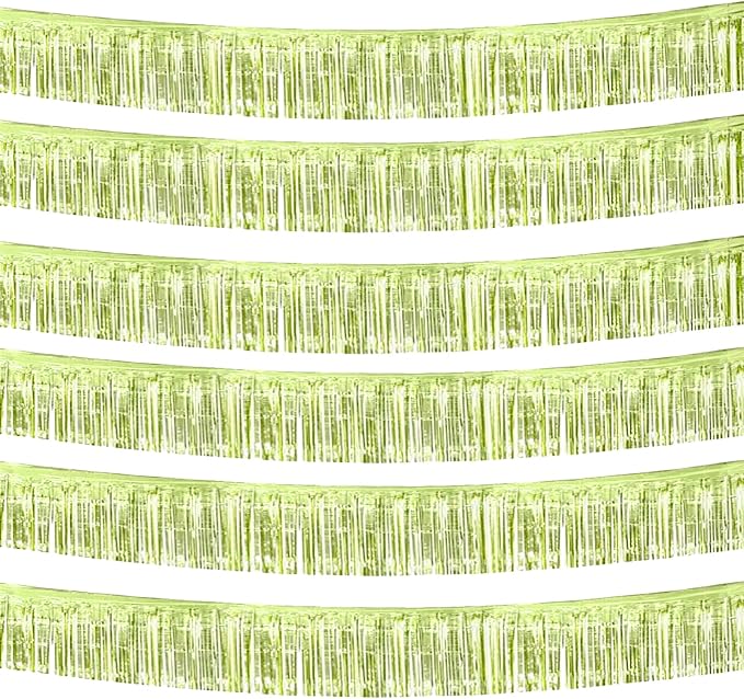 6 Pack 10 Feet Foil Fringe Garland Metallic Tinsel Streamers Banner Wall Hanging Backdrop Banner for Parade Floats, Thanksgiving, Christmas, Birthday, Halloween Party Decorations(Light Green)