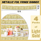 4 Pack 10 Ft Light Gold Foil Fringe Garland Metallic Streamers Tinsel Banner Wall Hanging Garland Backdrop for Parade Floats, Halloween, Christmas, Thanksgiving, New Year Party Decorations