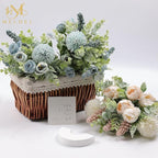 Meldel 3Pcs Rose Bouquet Blue Artificial Flowers Fake Eucalyptus Plants Silk Flower Arrangements Wedding Bouquets Decorations Plastic Floral Table Centerpieces for Home Kitchen Garden Party Decor