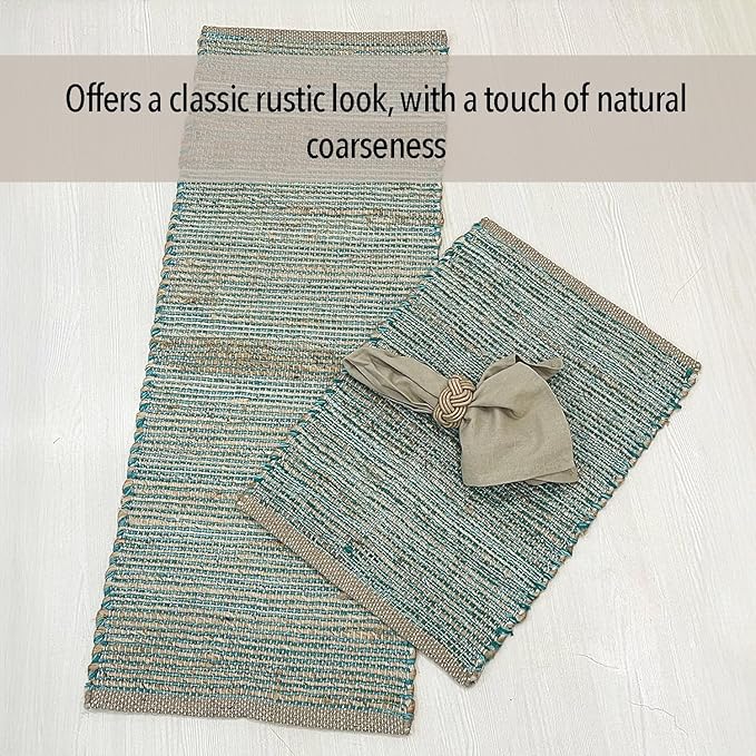 Chardin home Natural Jute Table Runner 13x48 Inch – Vintage Boho Rustic Table Decor – Handwoven Table Runner in Natural Jute and Aqua Turquoise – Farmhouse Dining or Console Table Accent