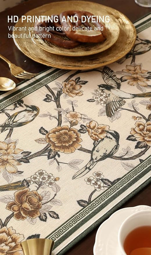 ISAENNE Designer Vintage Beige Linen Table Runner 102 Inches Long,Elegant Floral and Bird Pattern Decor Table Runners for Dining Tables,Thanksgiving,Christmas,Banquet,Party,12"*102"-Murad A