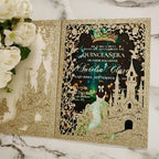 20PCS Castle Pocket Invitations, Quinceanera Invitations with Envelopes, Princess Invitation, Laser Cut quince invites (glitter light gold)