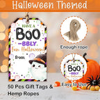 50 Pcs Halloween Tags with String, 2.1"×3.5" Ghost Paper Gifts Tags, Boo Trick or Treat for Candy, Halloween Gifts Tag Wrap for Party Favor - B07