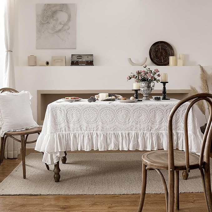 patdrea Vintage Ruffle Tablecloth for Rectangle Tables,Farmhouse Embroidered Cotton White Lace Table Cloth Cover Decor for Dining Room Wedding Banquet Thanksgiving Christmas,67"*114"
