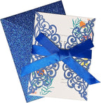 50Pcs Laser Cut Blue Wedding Invitation With Glitter Envelopes And Ribbons Blank Personalized Card Invitaciones Para quinceañera Birthday Baby Shower Christmas Party Bridal Shower