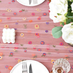 Joanlody Blushing Pink Embroidery Daisy Fall Thanksgiving Table Runner Florals Seasonal Tulle Table Runner Holiday Kitchen Dining Table Decoration for Home Party Indoor