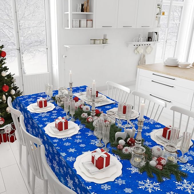 Jectivs 12 Pieces Christmas Snowflake Plastic Party Tablecloth Decorations,White Snowflake Blue Xmas Backdrop Sign Table Cover Banner for Winter Christmas Holiday Party Supplies,54x108 inch (Blue)