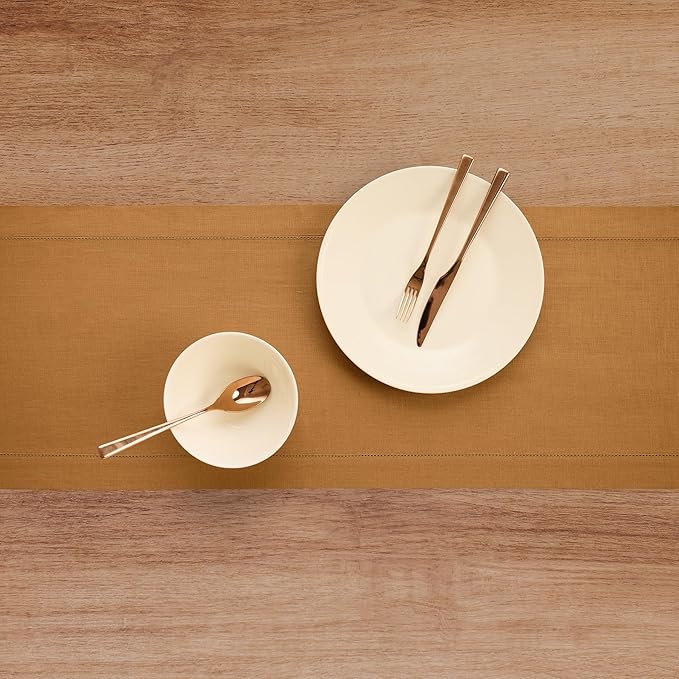 Solino Home Linen Table Runner 60 Inches - 100% Pure Linen Brown Sugar Hemstitch Table Runner 14 x 60 Inch Ideal for Dresser and Coffee Tables - Fall, Thanksgiving - Classic Hemstitch