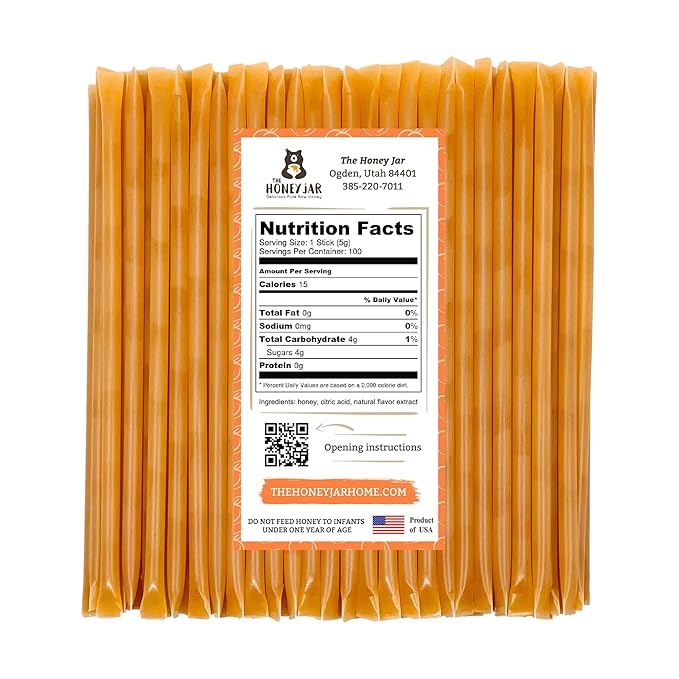 The Honey Jar Peach Flavored Honey Sticks - Pure Honey Straws For Tea, Coffee, or a Healthy Treat - One Teaspoon of Flavored Honey Per Stick - Made In The USA with Real Honey - (100 Count)