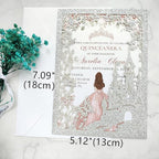 20PCS Castle Pocket Invitations, Quinceanera Invitations with Envelopes, Princess Invitation, Laser Cut quince invites (glitter silver)