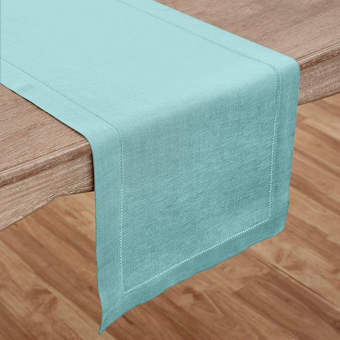 Solino Home Linen Aqua Blue Table Runner 120 Inches Long - 100% Pure Linen Hemstitch 14 x 120 Inch Table Runner for Dining - Classic Hemstitch
