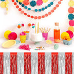 6 Pack 29 x108 Inch Red Silver Wave Foil Fringe Table Skirts Metallic Banner for Tinsel Streamer Garland Backdrop for Parade Floats, Mother's Day, Easter, Wedding, Birthday Party Decoration
