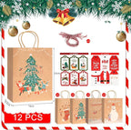 LYLIN 12Pcs Kraft Christmas Gift Bags with Handles, Small Xmas Treat Bags Reusable Gift Bags for Wrapping Gifts, Party Favors and Holiday Decor