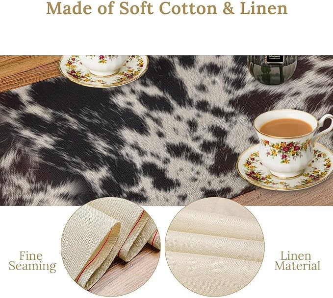 Cow Print Table Runner, Country Farm Animal Fur Skin Pattern Western Style Black Brown Cowhide Print Dinner Runner for Home Kitchen Dining Home Setting, 13x90 Inch