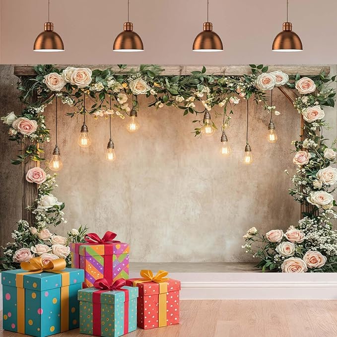 5x4ft Country Wedding Photography Backdrop Floral Rustic Roses Farmhouse Wooden Door Backdrop Pink Flower Birthday Baby Shower Wedding Bridal Party Banner Photo Booth Props Anniversary Background