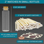 2" Classic White Tip Safety Matches | 6 Glass Bottles Each with Cork Top, Striker & 20 Matchsticks by Thankful Greetings (120+ Total) | Decorative Unique & Fun Artisan Set for Home, Gifts, & Events
