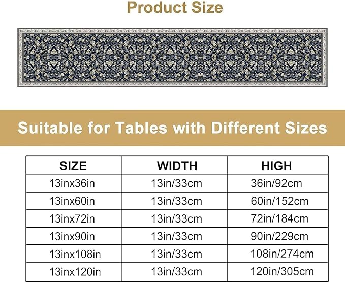 Vintage Boho Floral Table Runner, Morris Rustic Country Farmhouse Dark Blue Grey Retro Flower Pattern for Home Kitchen Table Decor Dining Coffee Room Party Decor 13x90in