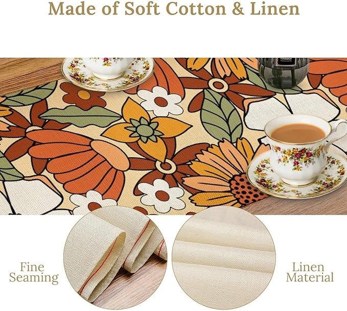 Vintage Floral Table Runner,Boho 70s Style Retro Flower Table Cloth Kitchen Dining Table Home Party Decoration 13x108 Inch