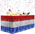 2 Pack Red&White&Blue Table Skirts, 29x108" Metallic Foil Tinsel Fringe Table Skirt for Rectangle Tables Streamer Curtains Backdrop, Party Decorations for Birthdays, Weddings, Holidays