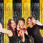 4 Pack Black Gold Foil Fringe Curtain Backdrop, 3.28Ft x 8.2Ft Metallic Tinsel Foil Fringe Streamers Curtains for Photo Booth, Wedding, Graduation, Birthday, Carnival Party Decoration