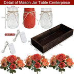 Fall Mason Jar Lights Centerpieces, Thanksgiving Centerpiece for Table, Coffee Table Decorative Jars with Wood Tray Fairy Lights Fake Peony Flowers for Dining Room Kitchen Living Decor - Orange