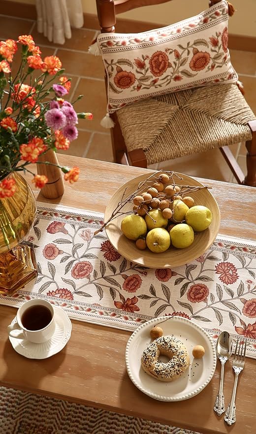 ISAENNE Designer Elegant Linen Table Runner 87 Inches Long,Vintage Orange Floral Pattern Table Runners for Dining Tables,Kitchen Decor,Thanksgiving,Christmas,Banquet,12"*87"-Alvarado A