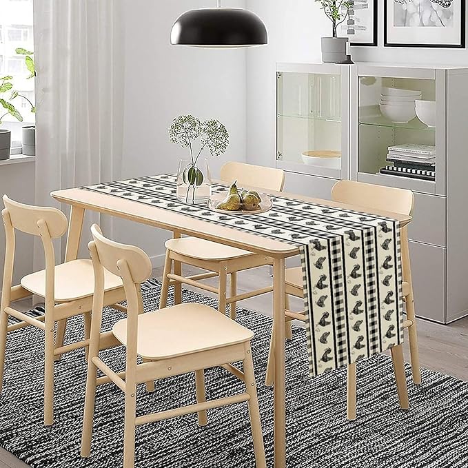 Rooster Table Runner,Farmhouse Animal Vintage Chicken Black White Plaid Check Tablecloth Burlap for Hotel Indoors Outdoor Dining Room Kitchen Home Decor,W13X L36 in