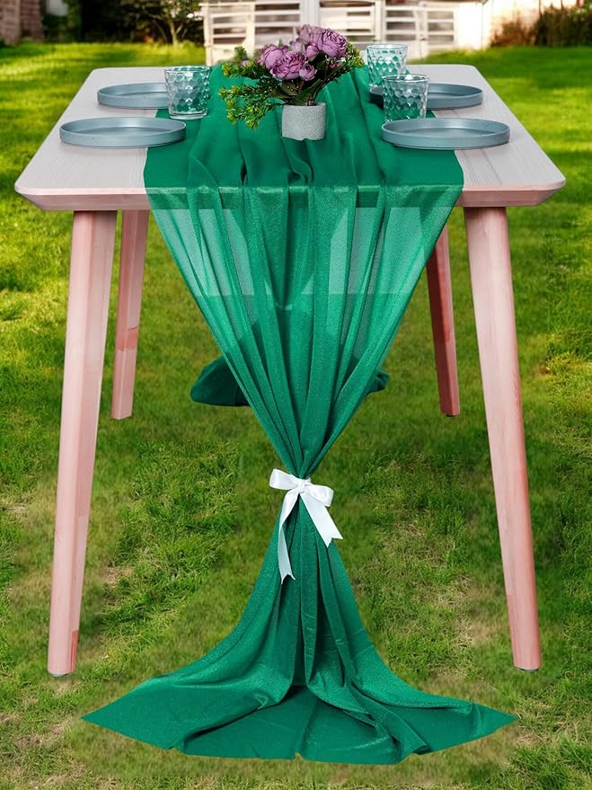 MDS 2 Pack 14ft Chiffon Table Runner 29 x 170 Inches Sheer Wedding Runner Romantic Rustic Table Runner for Wedding Decorations, Birthday Parties, Bridal Shower Party Arch Decor - Emerald Green