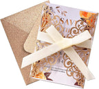 50Pcs Laser Cut Wedding Invitation With Glitter Envelopes And Ribbons Blank Personalized Card Invitaciones Para quinceañera Birthday Baby Shower Christmas Party Bridal Shower (Rose Gold)