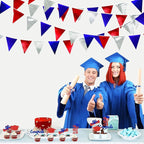 Red Blue Silver Party Decorations Metallic Fabric Triangle Pennant Banner Flag Bunting Garland for Graduations 4th of July American USA National Day Patriotic Veterans Birthday Outdoor Party Supplies