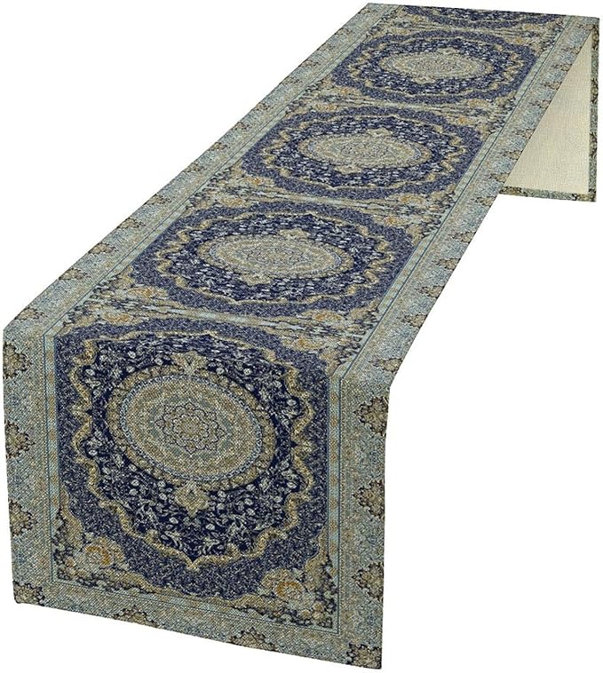 Boho Bohemia Style Blue Teal Table Runner, Country Rustic Farmhouse Magical Abstract Print Pattern for Home Kitchen Table Decor Dining Coffee Room Garden Party Decor 13x120in