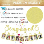 Pre-Strung Engaged Photo Banner - Gold Glitter Engagement Party Decoration Supplies with Romantic Memories Picture Card Frames for Bachelorette, Bridal Shower, Wedding Party Photo Booth Props