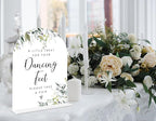 Greenery Dancing Feet Sign, 6 x 8 Inch White Arch Acrylic Wedding Sign with Holder, Wedding Sign for Ceremony and Reception, Wedding Decoration, Wedding Supplies - LY24