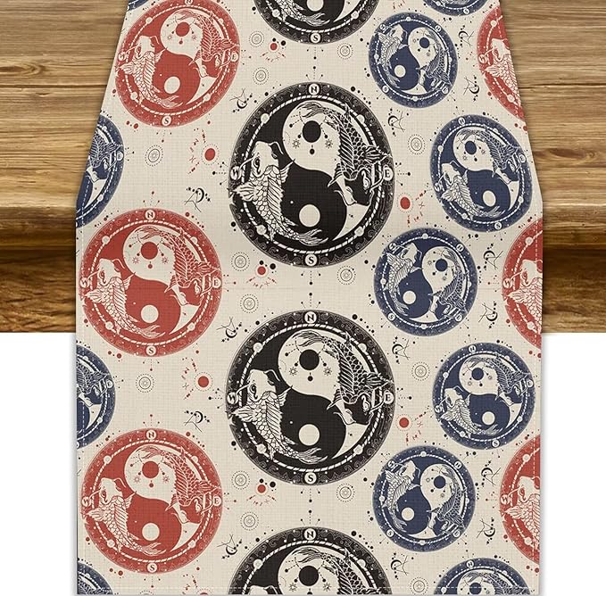 Yin Yang Table Runner, Vintage Mid Century Traditional Oriental Koi Fish Mystical Celestial Moon Stars Print Table Runner for Kitchen Dining Table Party Decor, 13x36inch