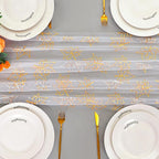 Snowkingdom Fall Table Runner, 10ft Gold Maple Leaves Gauze Chiffon Table Runners, Thanksgiving Decoration Sheer Cheesecloth Runner for Autumn Harvest Glitter White Sparkle Dining Party Decor 120 Inch