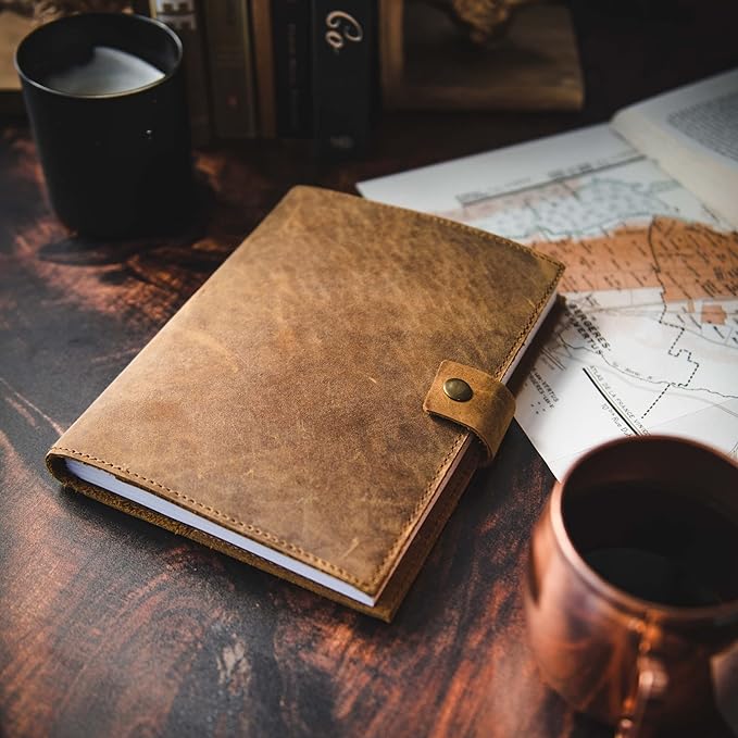 Refillable Leather Journal | Premium Lined A5 Notebook Cover | 200 Ruled Writing Pages | Card Holder Slot | Leather Bound Journals for Men & Women, Best Gift Travel Diary, Cool Planner