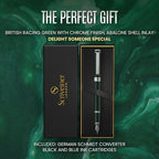Scriveiner British Racing Green Fountain Pen - Stunning Luxury Pen with Chrome Finish, Schmidt Nib (Medium), Best Pen Gift Set for Men & Women, Professional, Executive, Office, Nice Pens