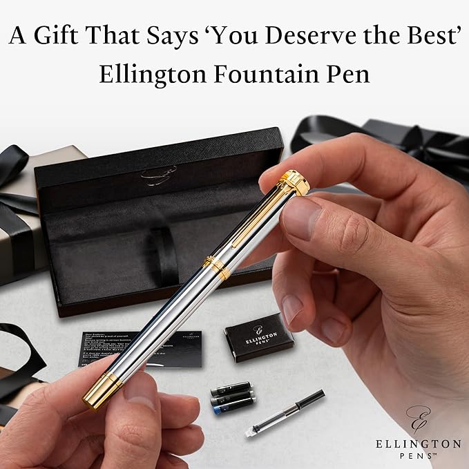 Ellington Pens Luxury Fountain Pen Set- Fountain Pens for Writing - Smooth Fine Nib - Includes Refillable Ink Converter, 3 Ink Cartridges [Black & Blue], Gift Box - Elegant Calligraphy