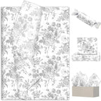 JarThenaAMCS 100 Sheets Floral Tissue Paper Silver Flower Gift Wrapping Paper Vintage Decorative Art Paper for Home Party DIY Crafts Supplies, 14 x 20 Inch
