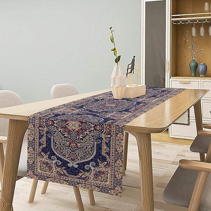 Vintage Boho Floral Table Runner, French Rustic Country Farmhouse Purple Golden Bohemia Flower Pattern for Home Kitchen Table Decor Dining Coffee Room Party Decor 13x90in