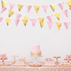 Pink Gold Party Decoration Metallic Fabric Light Pink Gold Triangle Pennant Banner Flag Bunting Garland for Women Girl Birthday Retirement Graduations Bridal Shower Wedding Baby Shower Party Supplies