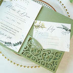 ponatia 5.12 x 7.2 Sage Green Laser Cut Wedding Invitations, 20PCS Tri-Fold 5x7 Trifold Laser Cut Invitation Pockets with Envelopes for Wedding Bridal Shower Engagement (No Inner Sheet)
