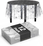 Exquisite Clear Silver Star Tablecloth Plastic 12-Pack Disposable Round Tablecloths 84" Silver Star Table Cloths Round Table Covers Plastic Tablecloth for Party Decorations