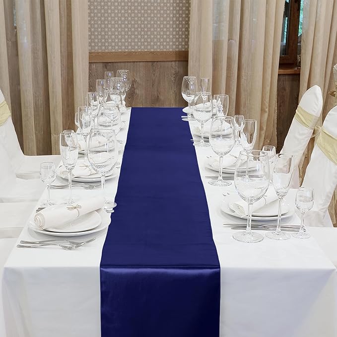 Aneco 16 Pack Satin Table Runner 12 x 108 Inch Navy Blue Long Wedding Satin Silk Table Runner for Wedding Banquet Graduations Birthday Party Decoration